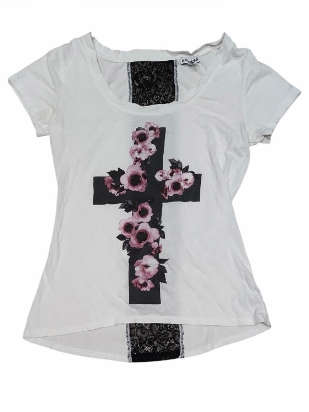 Express Cotton Modal Lace Spine Cross Graphic Tee L